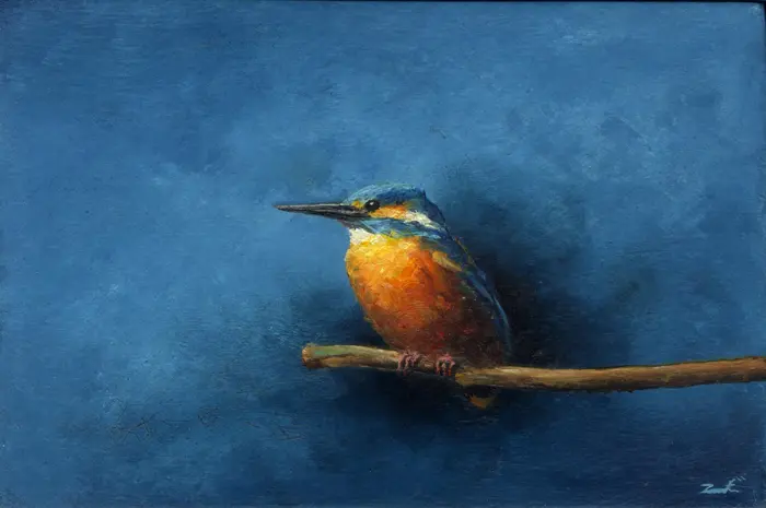 Marc van der Zwet, IJsvogel optak, 320 euro, Oil on panel in frame, 14,8x9,8 cm