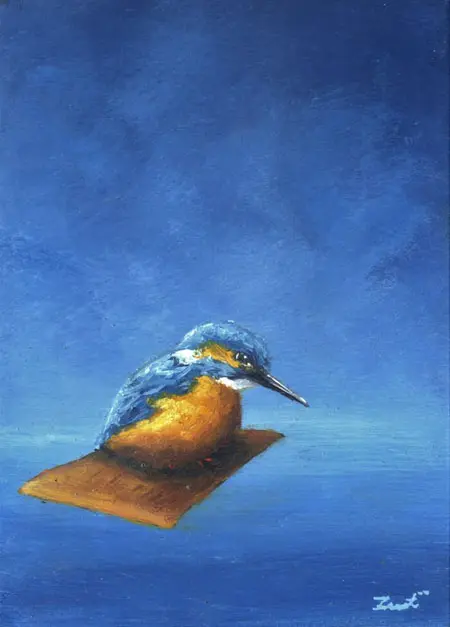 Marc van der Zwet, IJsvogel vliegt, 200 euro, Oil on MDF in bamboo frame, 8,1x11,1 cm