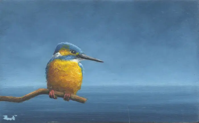 Marc van der Zwet, IJsvogel wacht af, 280 euro, Oil on panel in bamboo wooden frame, 13,3x8,2 cm