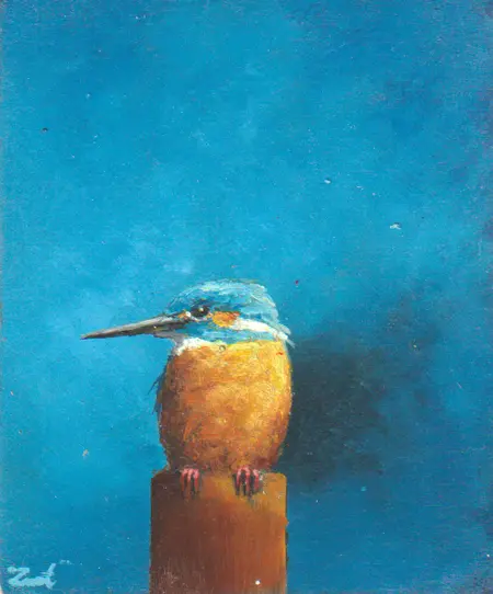 Marc van der Zwet, Ijsvogel wacht op paaltje, 230 euro, Oil on oak, unframed, 8x10x2 cm