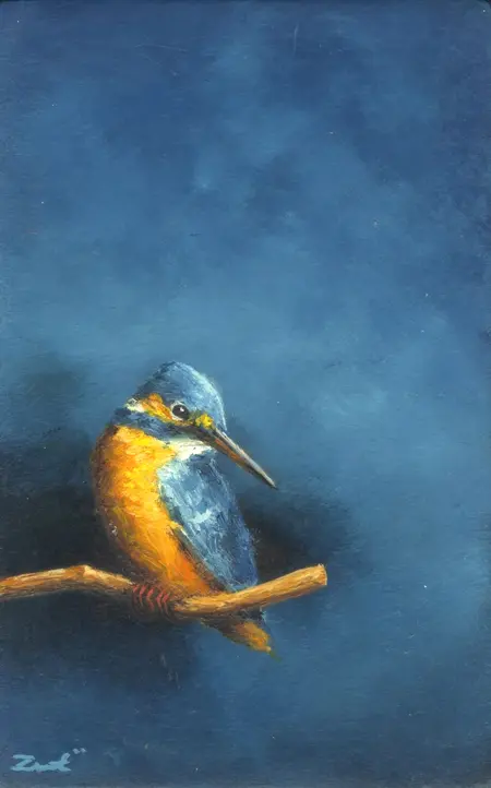 Marc van der Zwet, IJsvogel weet het, 300 euro, Oil on panel in bamboo frame, 83x13,3 cm