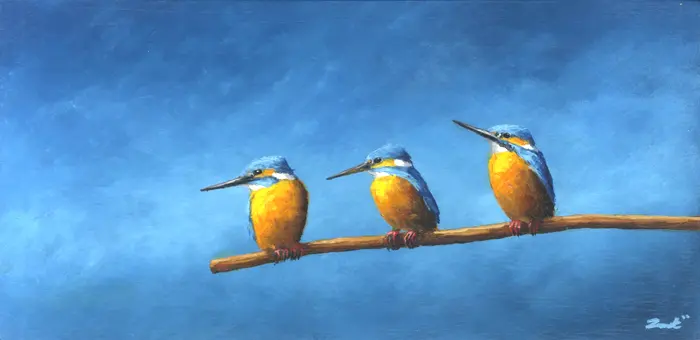 Marc van er Zwet, IJsvogels op tak, 430 euro, Oil on MDF in white wooden frame, 23,8x11,7 cm