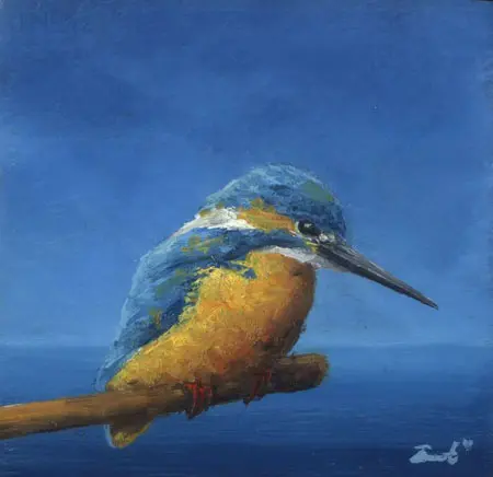 Marc van der Zwet, Jonge IJsvogel op tak, 190 euro, Oil on oak panel, unframed, 8,5x8,4 cm cm