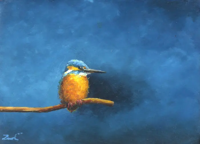 Marc van der Zwet, Jonge IJsvogel op takje, 240 euro, Oil on oak, unframed, 12,4x9,2 cm