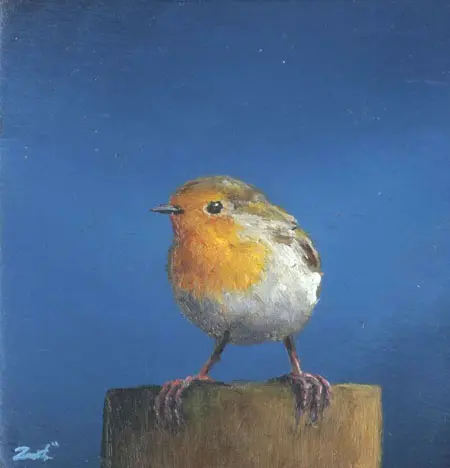 Marc van der Zwet, Klein roodborstje vierkant, 140 euro, Oil on oak panel, unframed, 7x7 cm