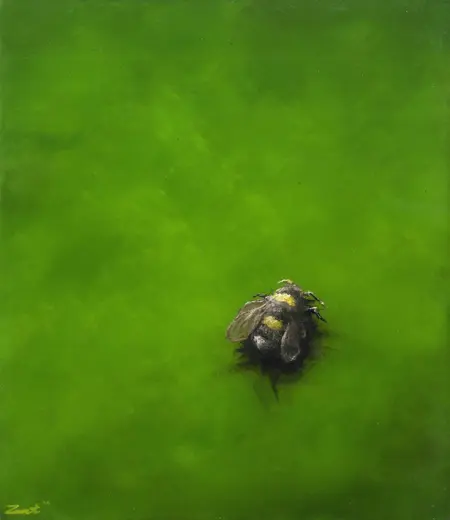 Marc van der Zwet, Kleine Hommel op groen, 370 euro, Oil on panel in white wooden frame, 14,8x17,2 cm