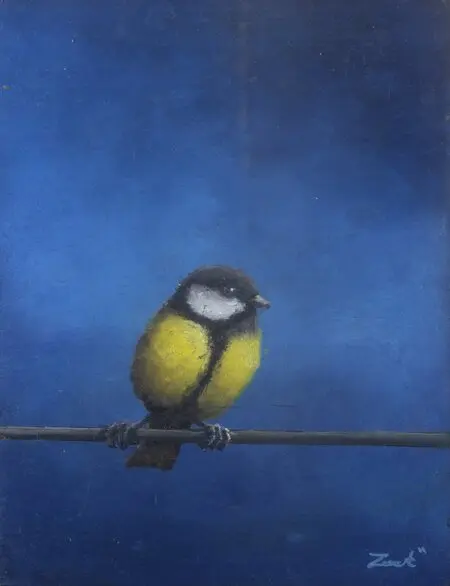 Marc van der Zwet, Kleine koolmees op draad, 8,4x10,8 cm, €.195,-, Oil on MDF in frame