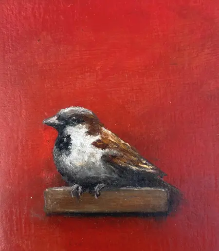 Marc van der Zwet, Kleine manmus op plankje op rood, Oil on oak panel, unframed, 6x6,8 cm, €.100,-