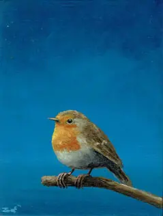 Marc van der Zwet, Kleine roodborstjel op takje, 210 euro, Oil on panel in wooden frame, 8,2x10,9 cm