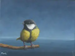 Marc van der Zwet, Koolmees kijkt om, 210 euro, Oil on panel in wooden frame,10,9x8,2 cm