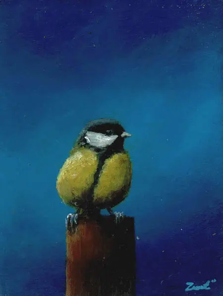 Marc van der Zwet, Koolmees kijkt om, Oil on panel in frame, 8,4x11,2 cm, €.195,-
