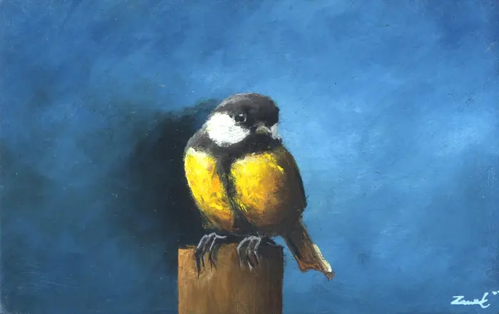 Marc van der Zwet, Koolmees kijkt om, 290 euro, Oil on panel in wooden frame, 13,3x8,3 cm