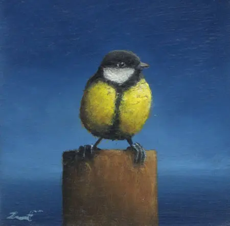 Marc van der Zwet, Koolmees op blokje, 130 euro, Oil on oak panel, unframed, 5,7x5,6 cm