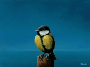 Marc van der Zwet, Koolmees op paaltje , 200 euro, Oil on panel in bamboo wooden frame, 10,9x8,0 cm