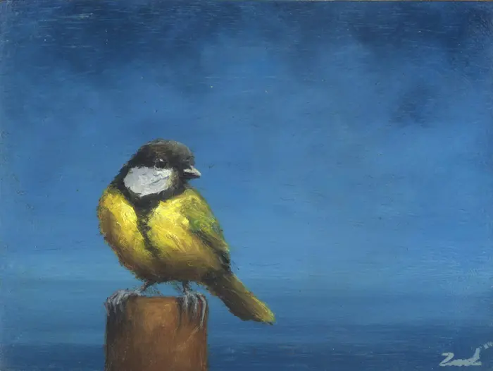 Marc van der Zwet, Koolmees op paaltje op blauw, 180 euro, Oil on oak block, unframed, 9,8x7,3 cm