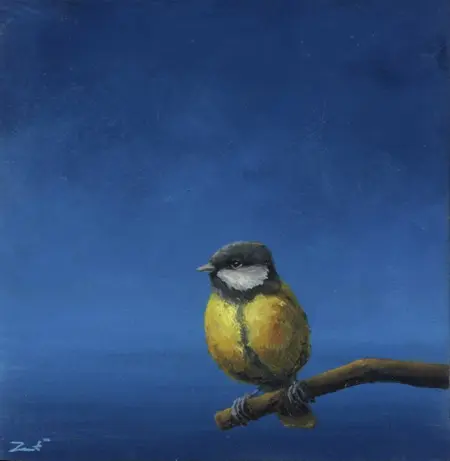 Marc van der Zwet, Koolmees op takje, 260 euro, Oil on oak, unframed, 12,4x12,6 cm