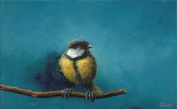 Marc van der Zwet, Koolmees op takje, 280 euro, Oil on panel in bamboo frame, 8,2x13,4 cm