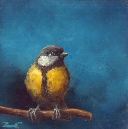 Marc van der Zwet, Koolmees wacht op blauw, 190 euro, Oil on oak, unframed, 7,2x7,2x3 cm cm