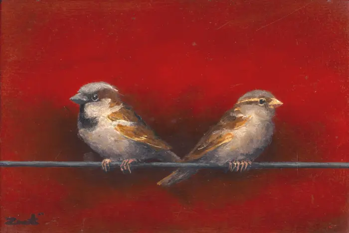 Marc van der Zwet, Man en vrouwmus op donkerrood, 330 euro, Oil on panel in frame, 14,7x9,7 cm