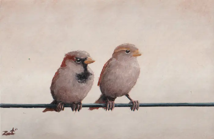 Marc van der Zwet, Man en vrouwmus op draad, 330 euro, Oil on panel in wooden frame, 14,8x9,8 cm