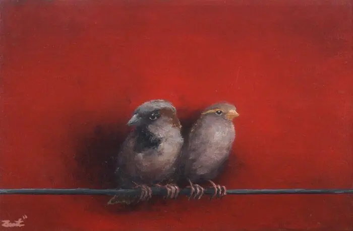 Marc van der Zwet, Man en vrouwmus op draad op rood, 330 euro, Oil on oak panel in frame, 14,7x9,7 cm