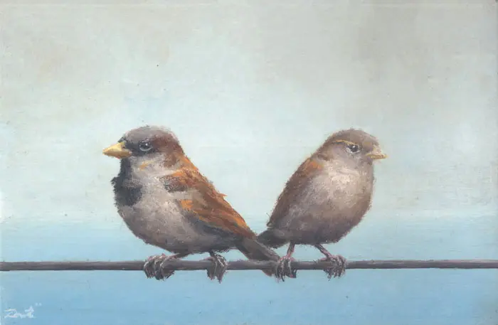 Marc van der Zwet, Man- en vrouwmus op draad, 280 euro, Oil on oak, unframed, 14,5x9 cm