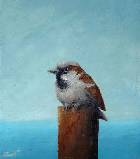 Marc van der Zwet, Manmus 2 op paaltje lichtblauw 7200718, 140 euro, Oil on oak panel, unframed, 7,8x9 cm