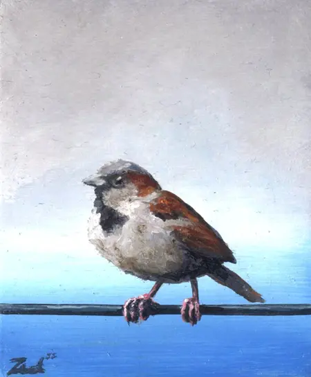 Marc van der Zwet, Manmus op draad 2, 120 euro, Oil on bamboo (unframed), 5,4x6,7 cm