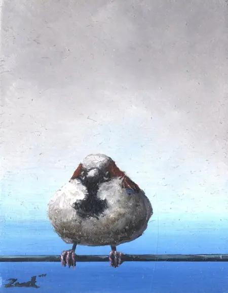 Marc van der Zwet, Manmus op draad 3, 120 euro, Oil on bamboo (unframed), 5,4x6,7 cm