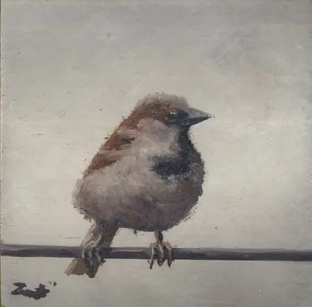 Marc van der Zwet, Manmus op draad op vierkant blokje, 140 euro, Oil on oak panel, unframed, 6x6 cm