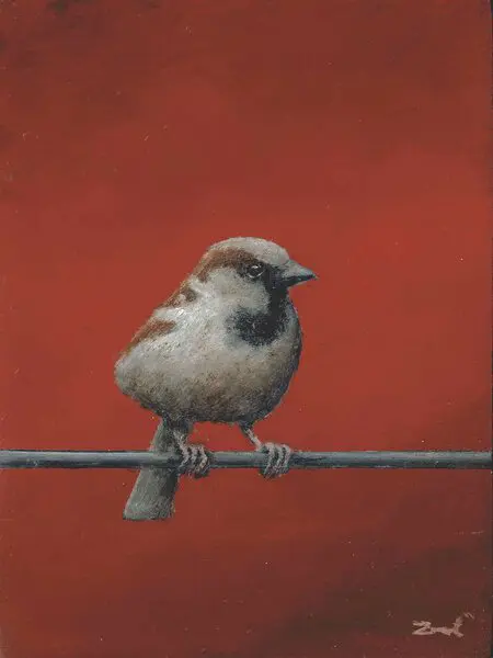 Marc van der Zwet, manmus op draad, 8,4x11,2 cm, €.195,-, Oil on MDF in frame