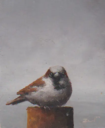 Marc van der Zwet, Manmus op paaltje, 120 euro, Oil on bamboo, unframed, 6,6x5,4 cm