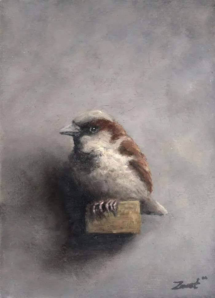 Marc van der Zwet, manmus op plankje, 210 euro, Oil on panel in frame, 8x11,2 cm