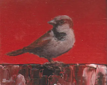 Marc van der Zwet, Manmus op rand rood, 120 euro, Oil on bamboo, unframed, 6,6x5,8 cm