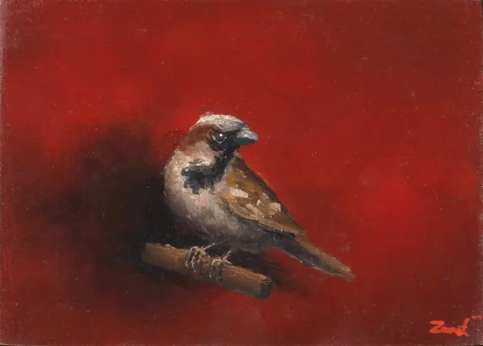 Marc van der Zwet, Manmus op rood takje, 200 euro, Oil on oak, unframed, 9,4x6,7 cm