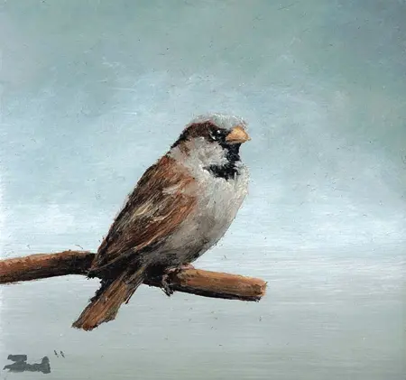 Marc van der Zwet, Manmus op tak kijkt om, 140 euro, Oil on thick oak, unframed, 6,8x6,4 cm