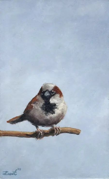 Marc van der Zwet, Manmus op tak op grijs, 290 euro, Oil on panel in wooden frame, 8,2x13,2 cm