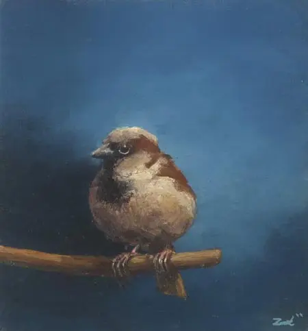 Marc van der Zwet, manmus op takje op blauw, 260 euro, Oil on oak panel, unframed, 10,4x11,2 cm