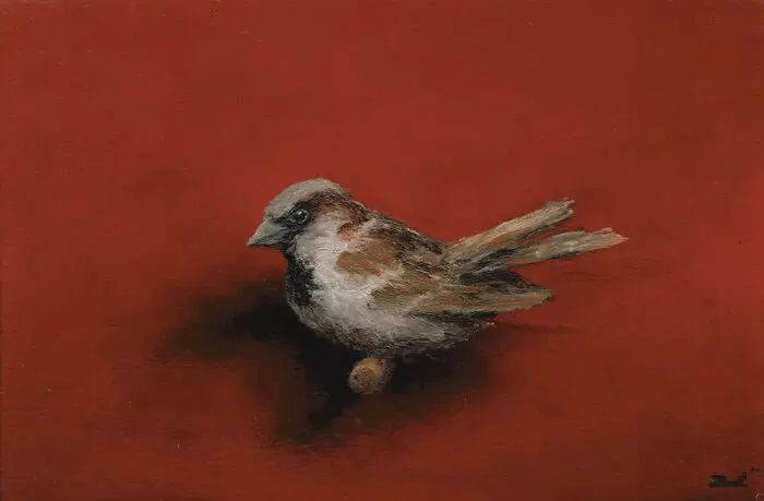 Marc van der Zwet, Manmus op takje op donkerrood, 300 euro, Oil on panel in bamboo frame, 14,8x9,7 cm