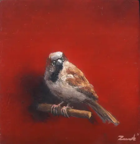 Marc van der Zwet, Manmus op takje rood, 180 euro, Oil on oak block, unframed, 7,6x7,8 cm