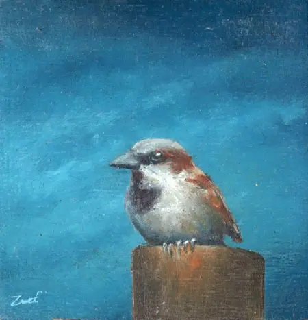 Marc van der Zwet, Manmus vierkant paaltje, 160 euro, Oil on oak panel, unframed, 8,8x8,8 cm