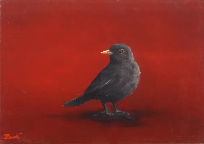 Marc van der Zwet, Merel kijkt om op rood, 320 euro, Oil on oak, unframed, 15,5x11 cm cm
