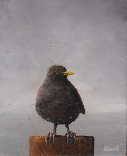 Marc van der Zwet, Merel op paaltje (klein), 120 euro, Oil on bamboo, unframed, 5,4x6,6 cm