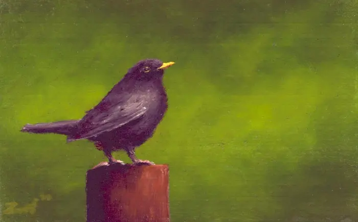 Marc van der Zwet, Merel op paaltje op groen, 290 euro, Oil on panel in wooden frame, 13,2x8 cm
