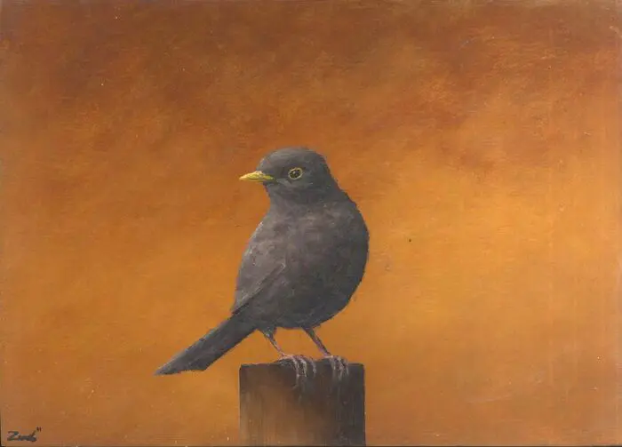 Marc van der Zwet, Merel op paaltje op okerbruin, 420 euro, Oil on panel in bamboo frame, 21x15 cm