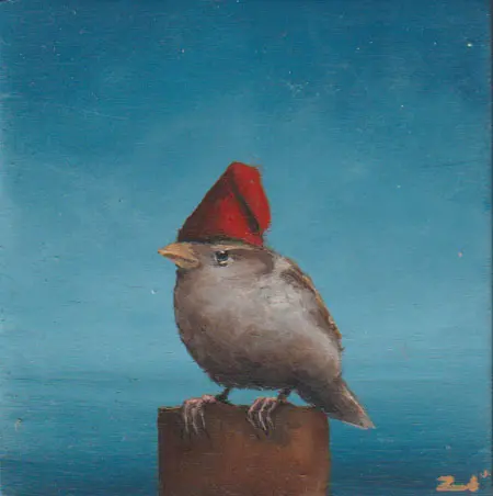 Marc van der Zwet, Mus met feestmuts, 180 euro, Oil on panel in white wooden frame, 8,2x8,2 cm
