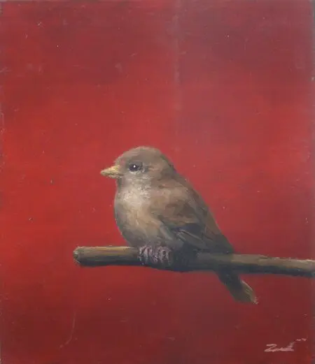 Marc van der Zwet, Musje op tak rood, 190,-, 9,7x10,1, Oak block, unframed, 7210422