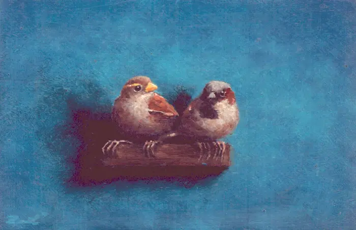 Marc van der Zwet, Mussen houden van elkaar, 340 euro, Oil on panel in wooden frame, 9,7x14,7 cm