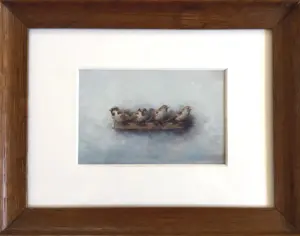 Marc van der Zwet, Mussen op plankje, 195 euro, Oil on paper in brown wooden vintage frame, 9x14 cm (in frame, 21x28 cm)