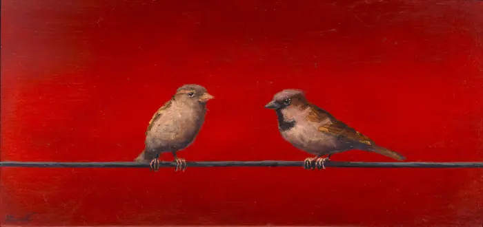 Marc van der Zwet, Mussen zijn verlegen op rood, 420 euro, Oil on panel in white frame, 24,4x11,1cm
